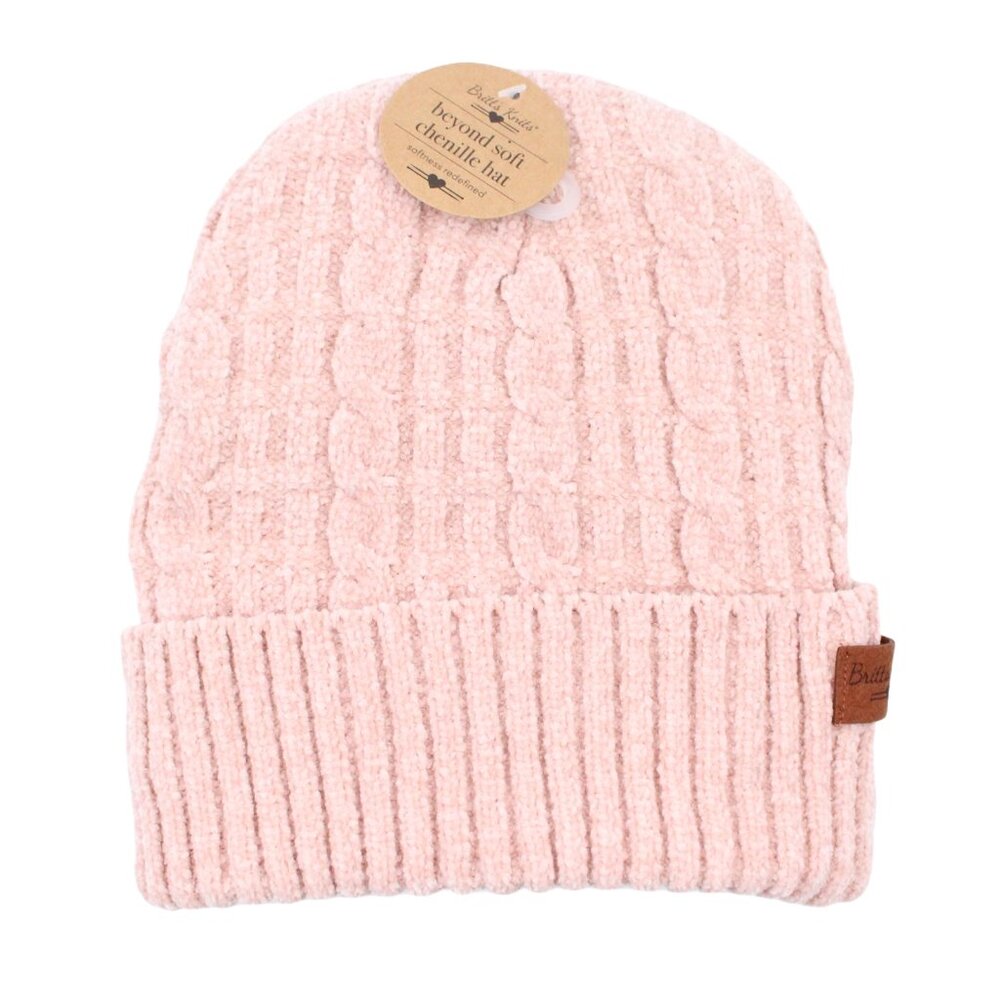 BRITT'S KNITS Chenille Knit Lined Soft Beanie Toque Peach Pink Winter Hat - OS